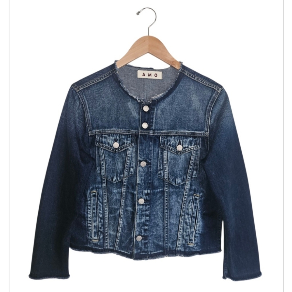 AMO "Lola" Frayed Denim Jacket In True Blue Size L